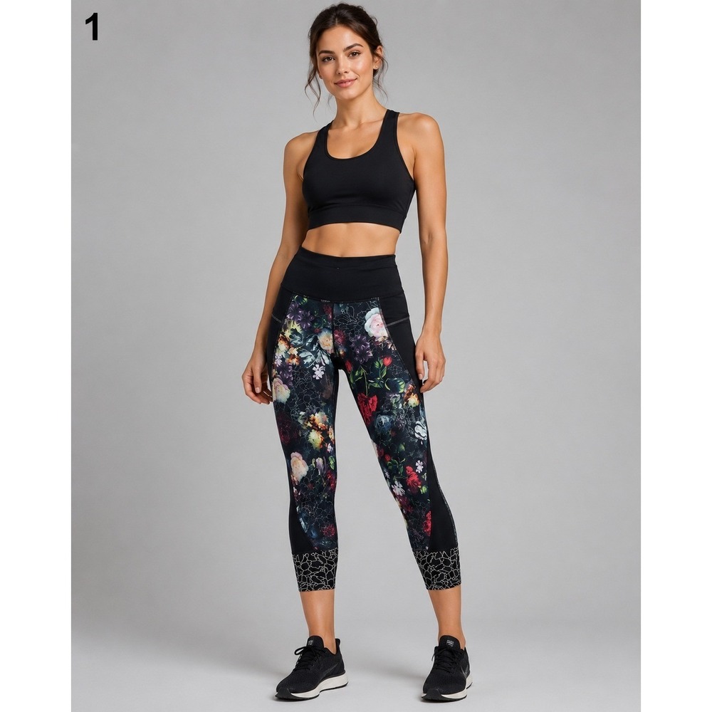 Athleta Leggings Women Small Black Floral Polyester Back Zip Pocket Side Pockets